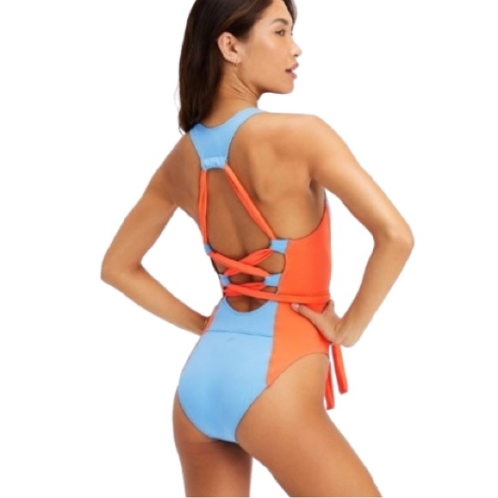 NWT Fabletics Gabriella Lace-Up Racerback Blue Orange Swimsuit Size S